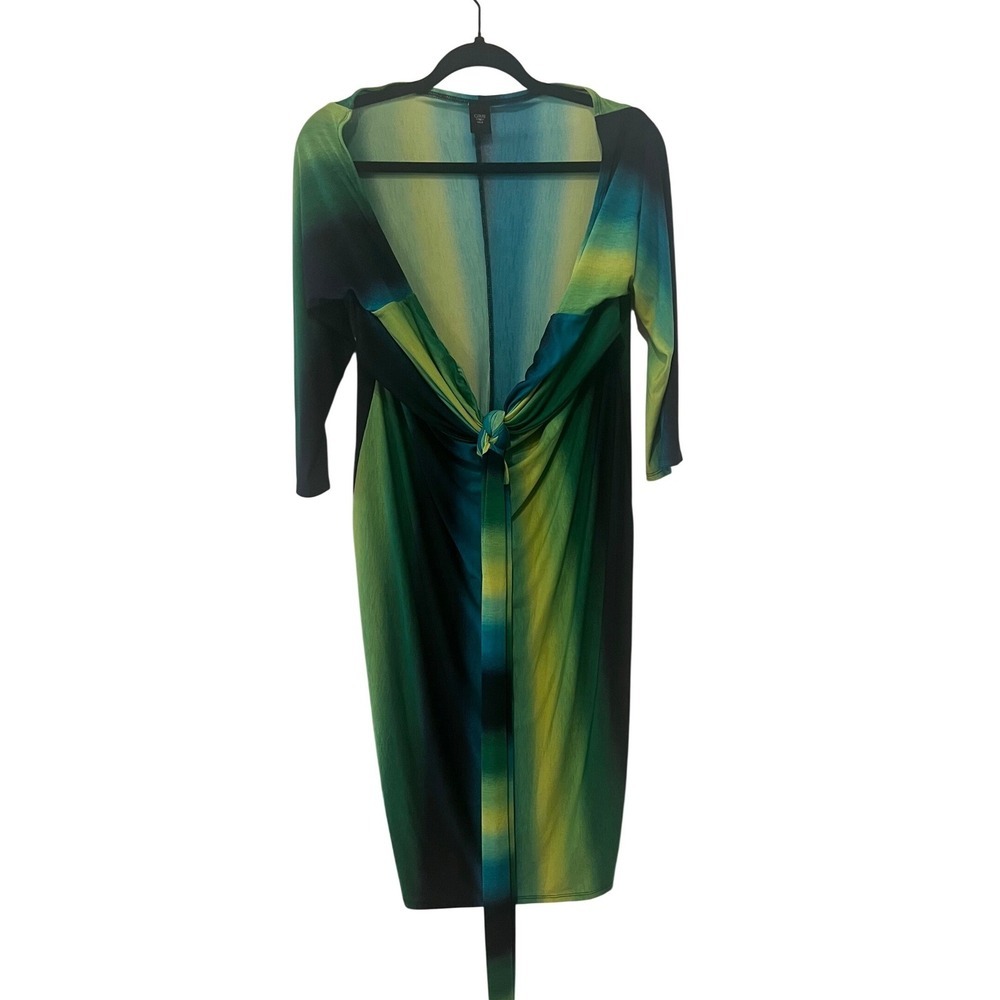 Gibiu USA Green Ombre Knot Front V-Neck Midi Dress 3/4 Sleeve Size Medium (1118)